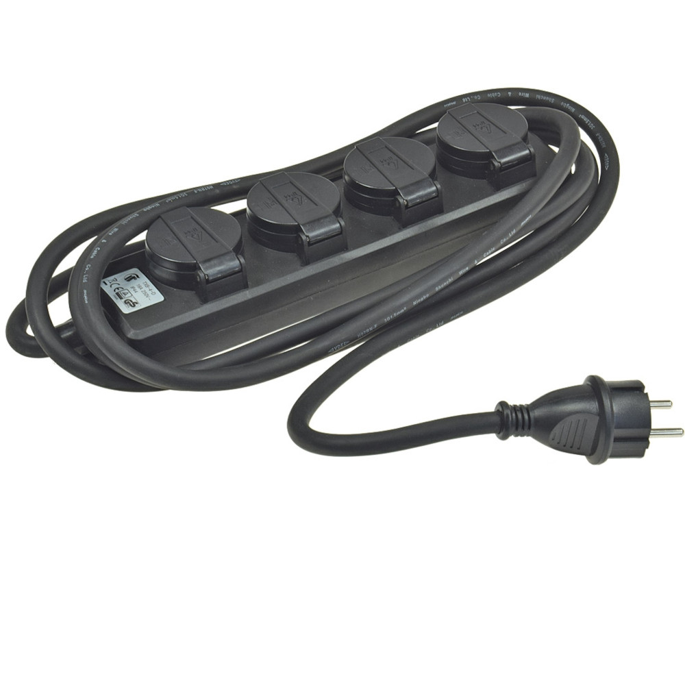 Kunststoff-4-fach-Steckdosenleiste mit 3,0m Gummileitung, schwarz